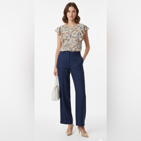 cleo Tops - Cleo Petites Beige Floral Print Blouse With Ruffles Trim
